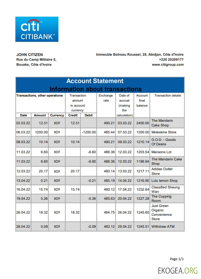 Côte d'Ivoire Relevé bancaire Citibank xls